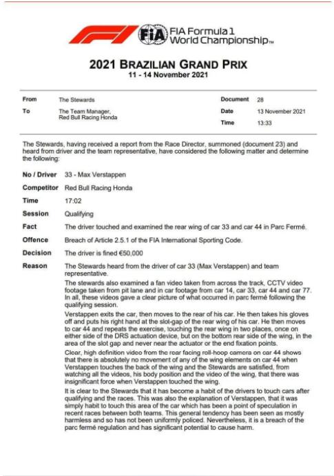 FIA给维斯塔潘开出的罚单。