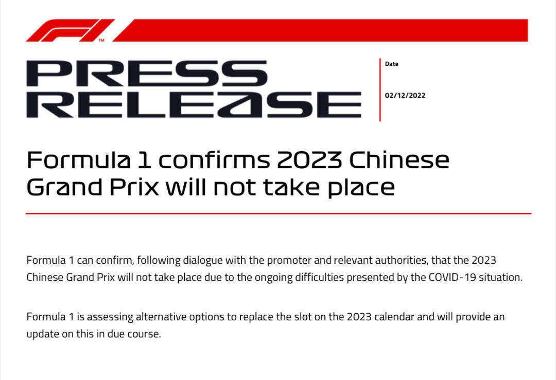F1官方确认2023中国大奖赛不会进行。