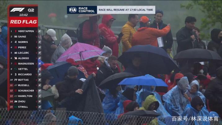 比赛将在不久后恢复，观众们开始穿雨衣打雨伞了。