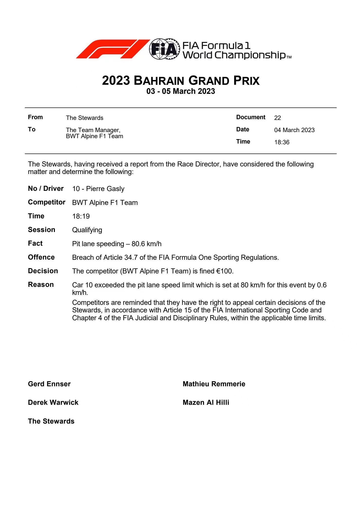 加斯利被FIA开出罚单。