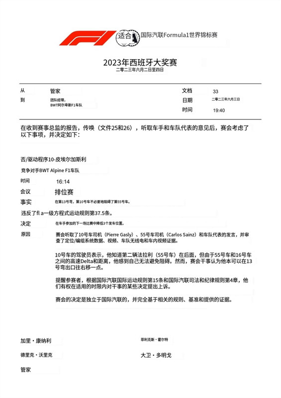 加斯利被罚退的FIA文件。