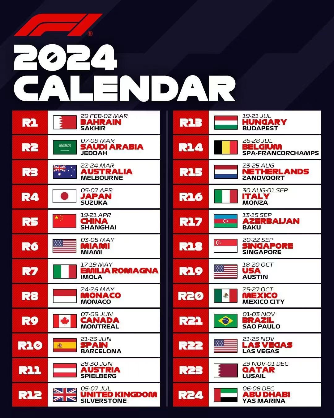 F1大奖赛2024赛季赛历。
