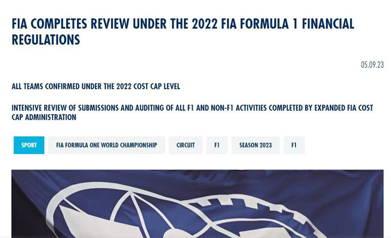 FIA公布了对于2022赛季各车队预算帽审查的官方公告。