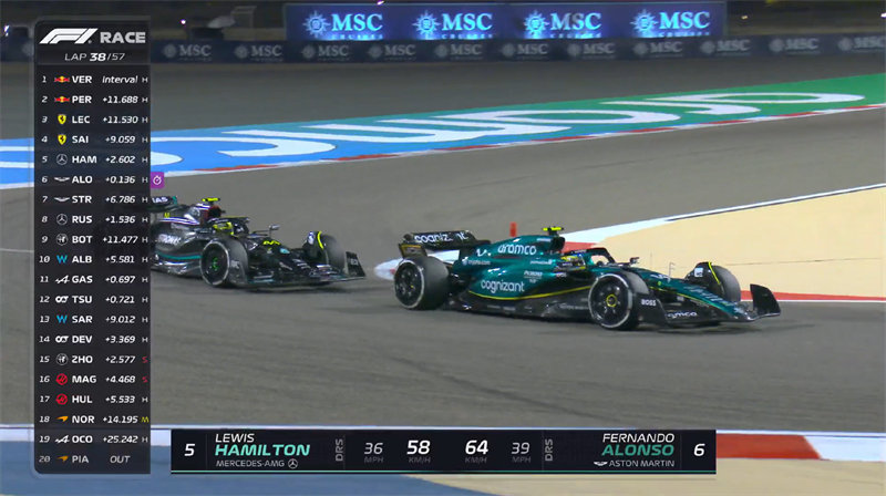 阿隆索在巴林F1大奖赛超越汉密尔顿。