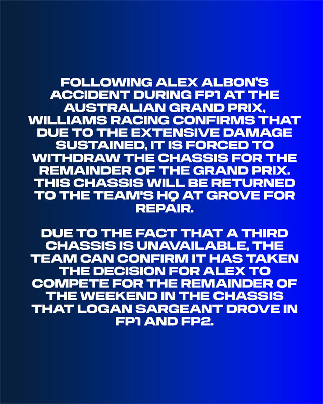 威廉姆斯做出了将萨金特的赛车借给阿尔本的决定。