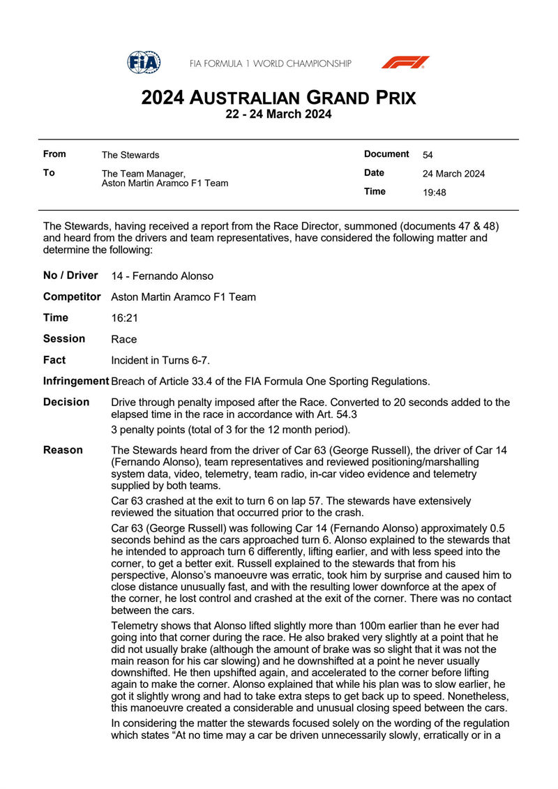 FIA赛会对阿隆索进行了处罚。